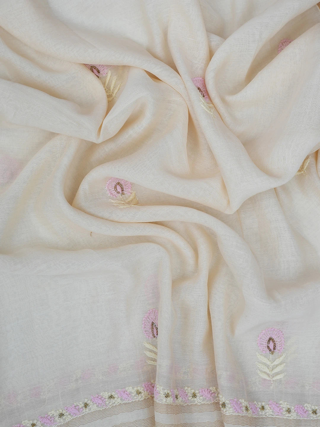 Ada Hand Embroidered Fawn Chanderi Lucknowi Chikankari Unstitched Kurta Dupatta Set With Cutdana Work 01A525860