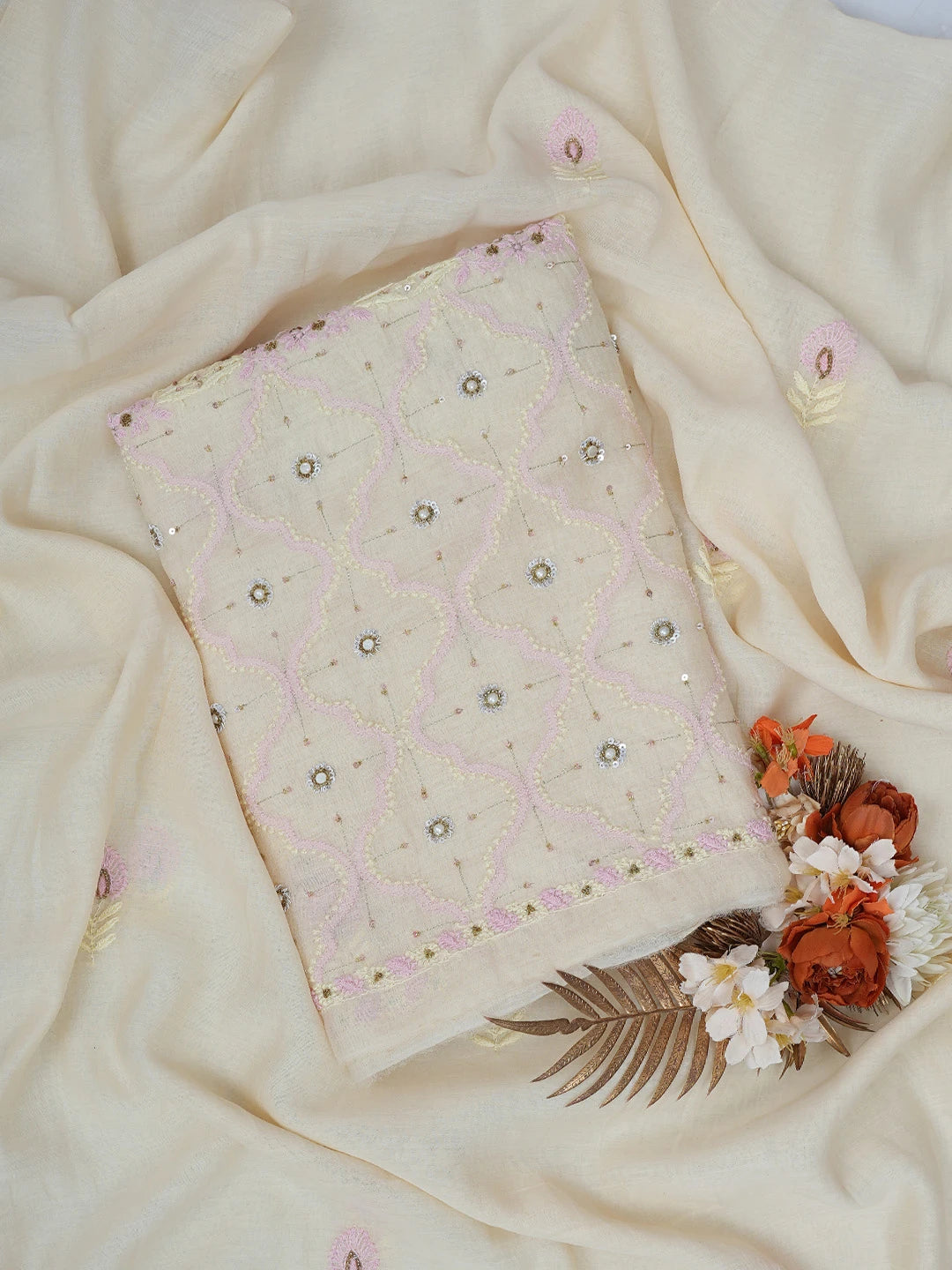 Ada Hand Embroidered Fawn Chanderi Lucknowi Chikankari Unstitched Kurta Dupatta Set With Cutdana Work 01A525860
