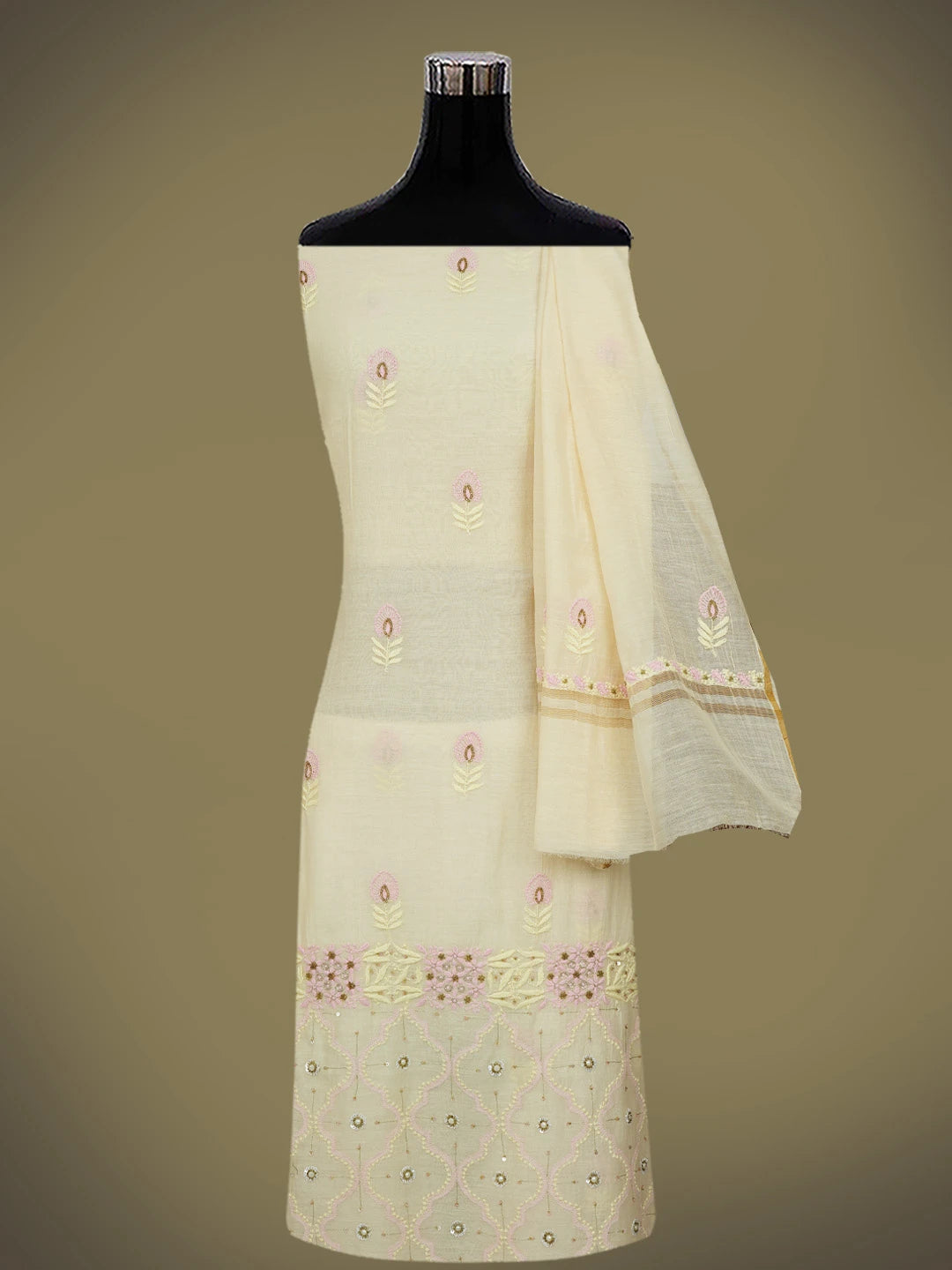 Ada Hand Embroidered Fawn Chanderi Lucknowi Chikankari Unstitched Kurta Dupatta Set With Cutdana Work 01A525860