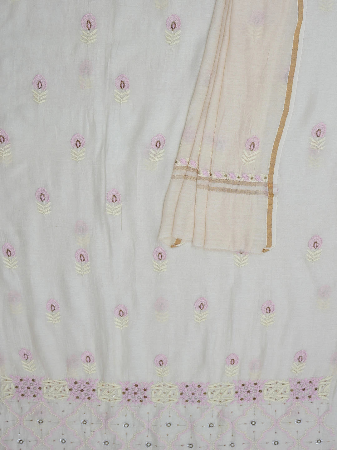 Ada Hand Embroidered Fawn Chanderi Lucknowi Chikankari Unstitched Kurta Dupatta Set With Cutdana Work 01A525860