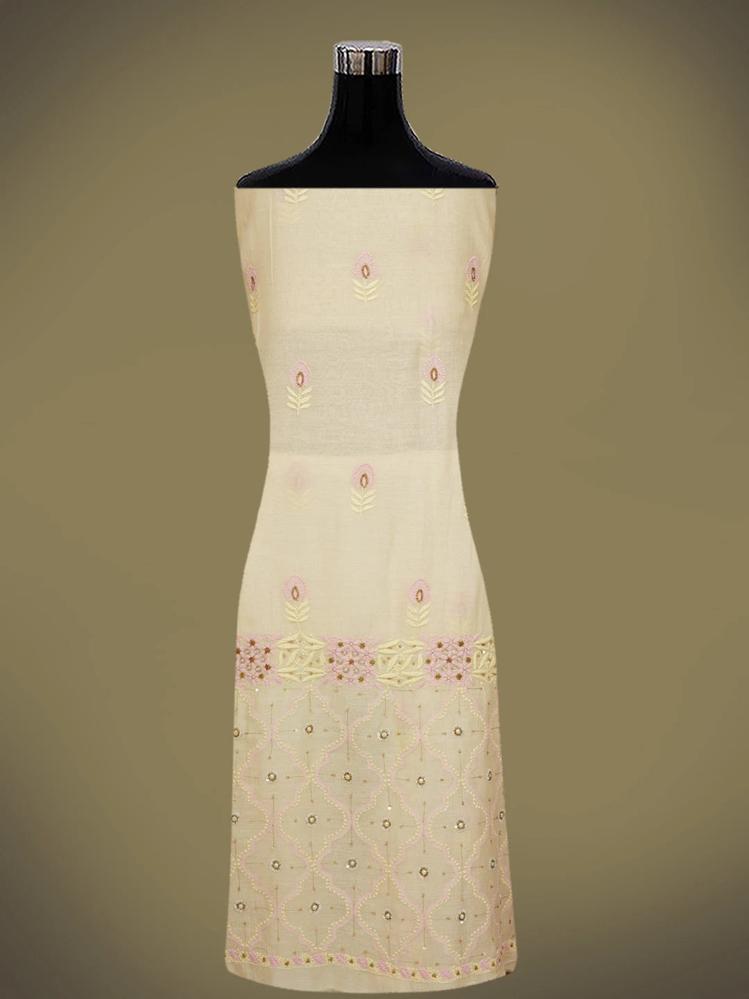 Ada Hand Embroidered Fawn Chanderi Lucknowi Chikankari Unstitched Kurta Dupatta Set With Cutdana Work 01A525860
