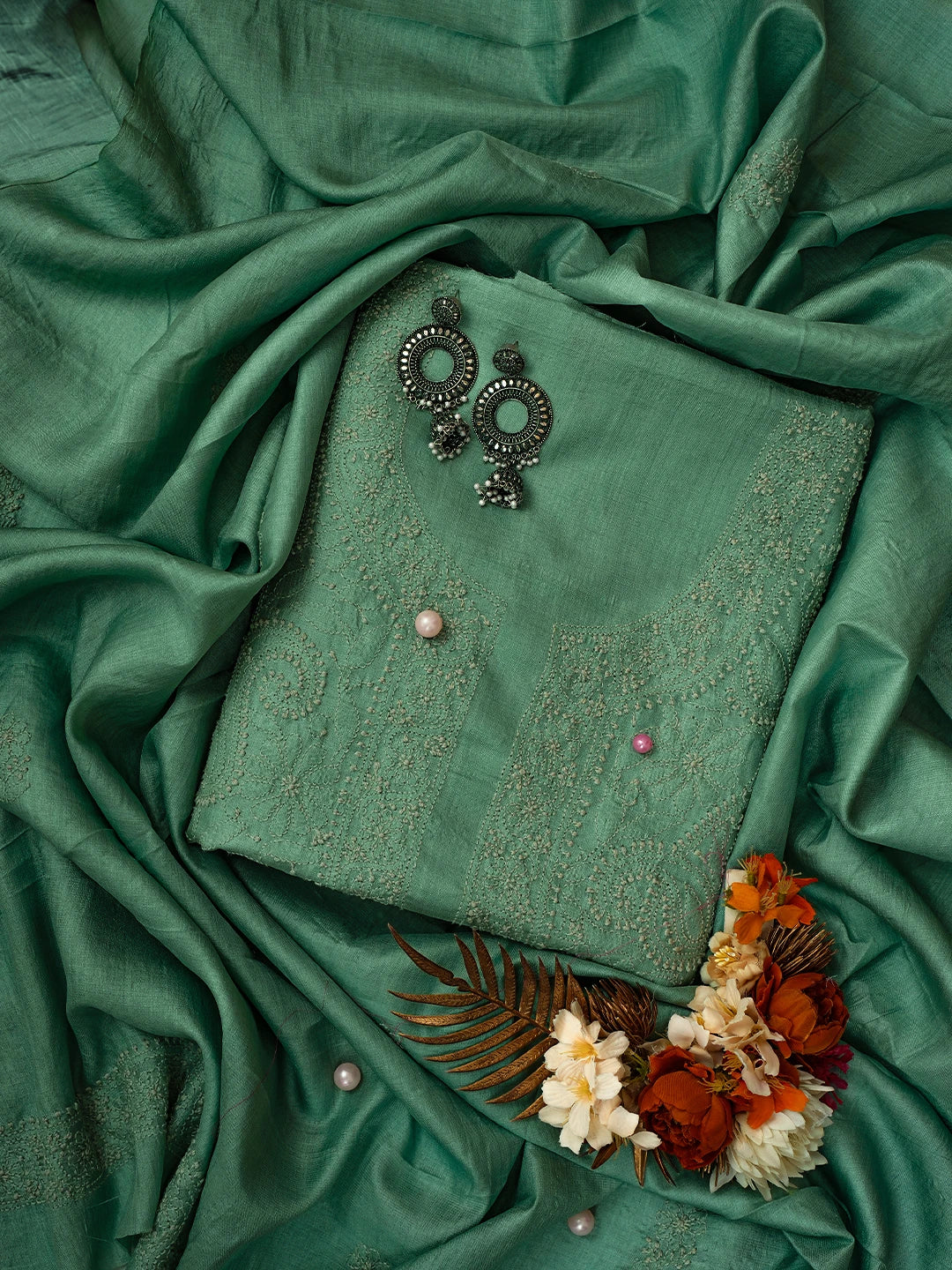 Ada Hand Embroidered Sea Green Silk Lucknowi Chikankari Unstitched Kurta Dupatta Set 01A729200