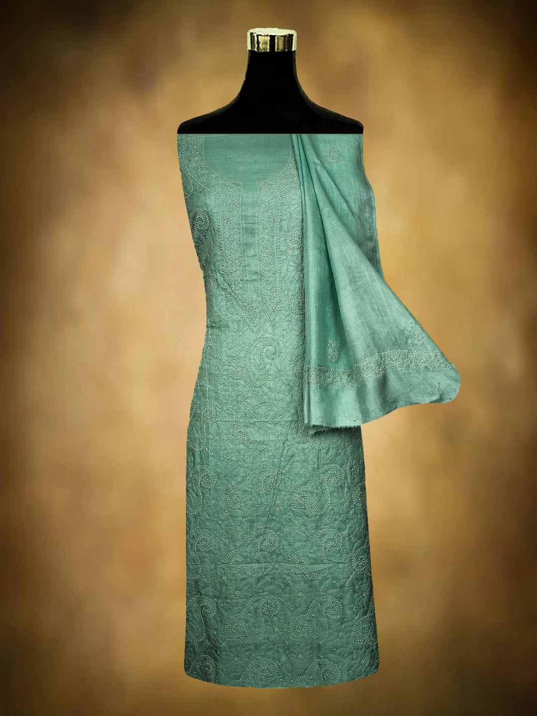 Ada Hand Embroidered Sea Green Silk Lucknowi Chikankari Unstitched Kurta Dupatta Set 01A729200