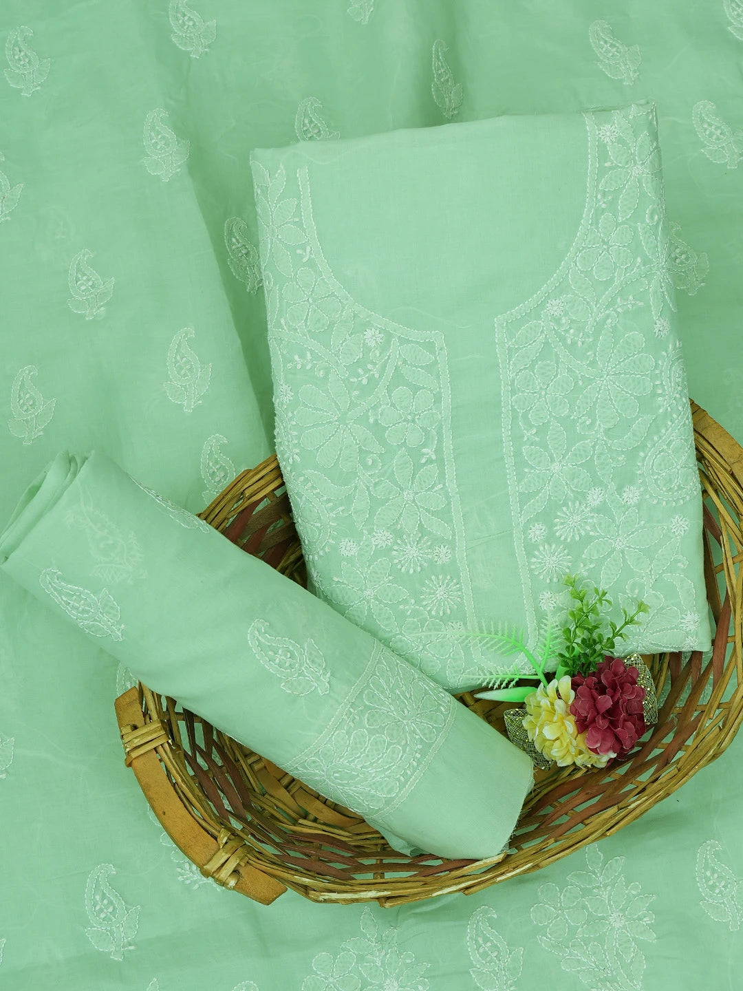 Ada Hand Embroidered Light Green Cotton Lucknowi Chikankari Unstitched Suit Piece 01A670776