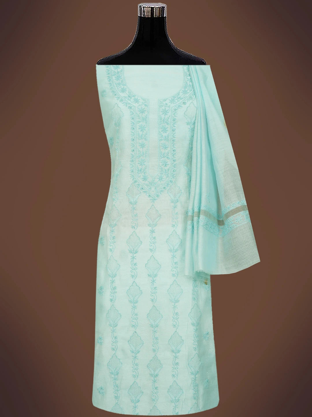 Ada Hand Embroidered Sky Blue Chanderi Lucknowi Chikankari Unstitched Kurta Dupatta Set 01A712897