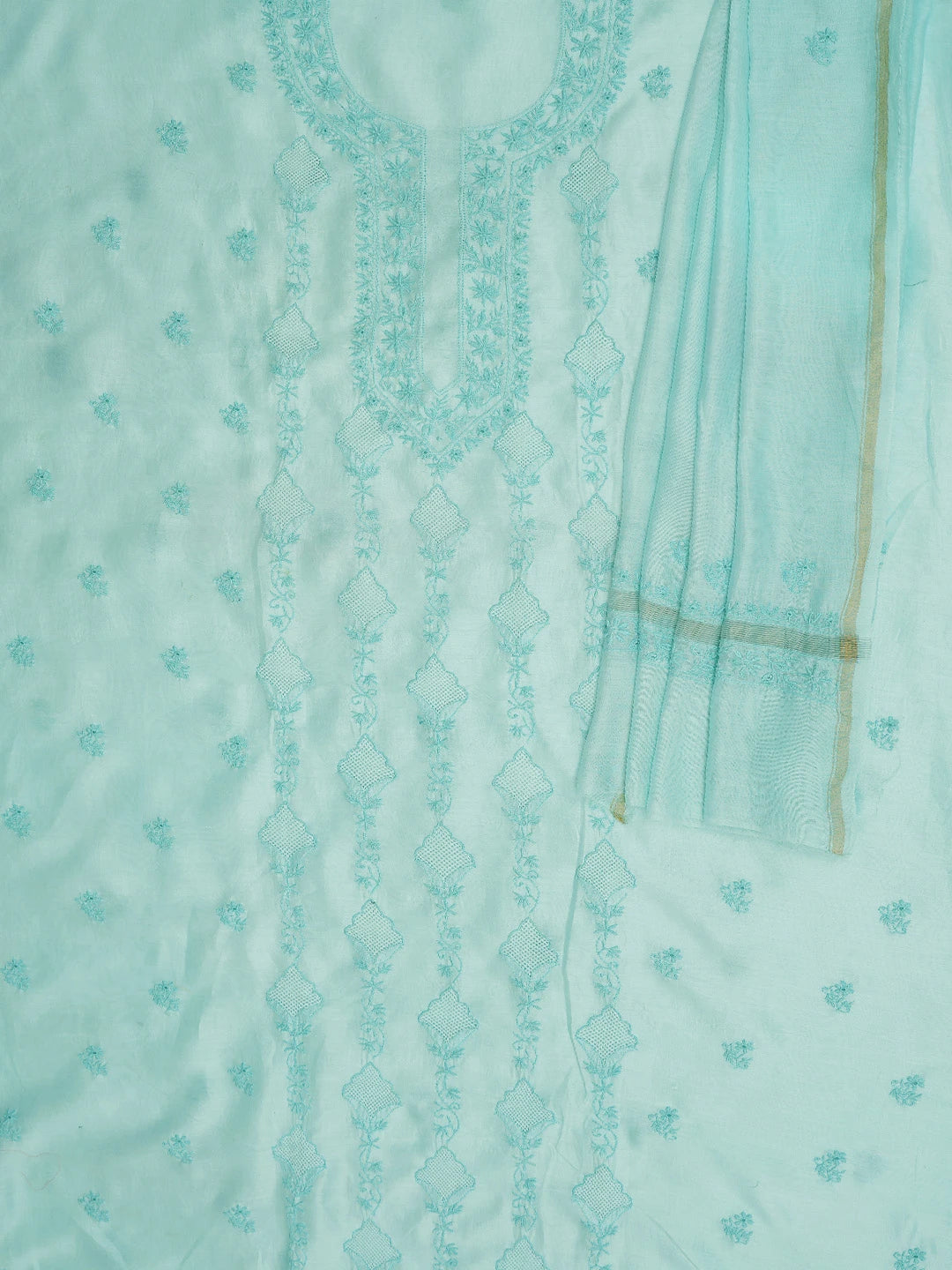 Ada Hand Embroidered Sky Blue Chanderi Lucknowi Chikankari Unstitched Kurta Dupatta Set 01A712897