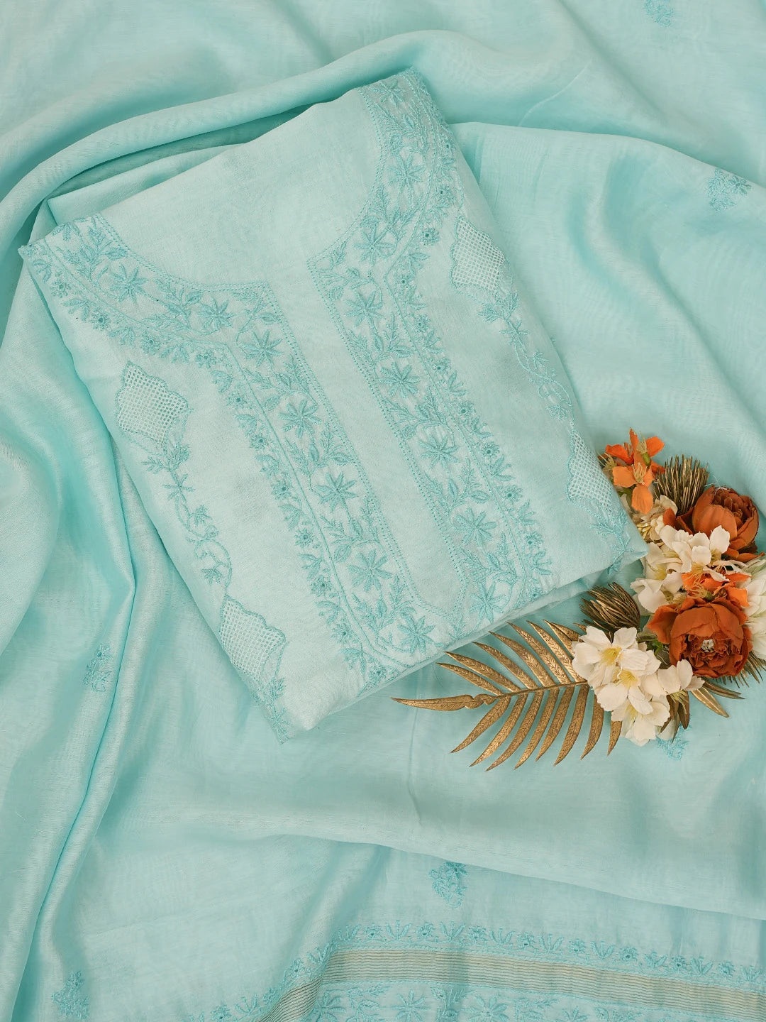 Ada Hand Embroidered Sky Blue Chanderi Lucknowi Chikankari Unstitched Kurta Dupatta Set 01A712897