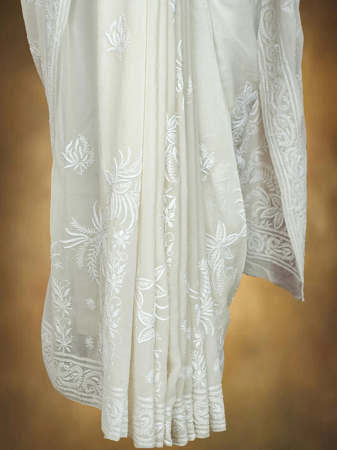 Ada Hand Embroidered White Pure Georgette Lucknowi Chikankari Saree and Blouse 01A729062