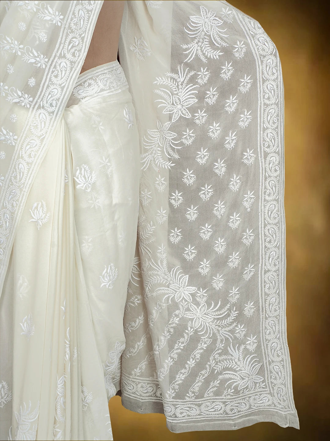 Ada Hand Embroidered White Pure Georgette Lucknowi Chikankari Saree and Blouse 01A729062