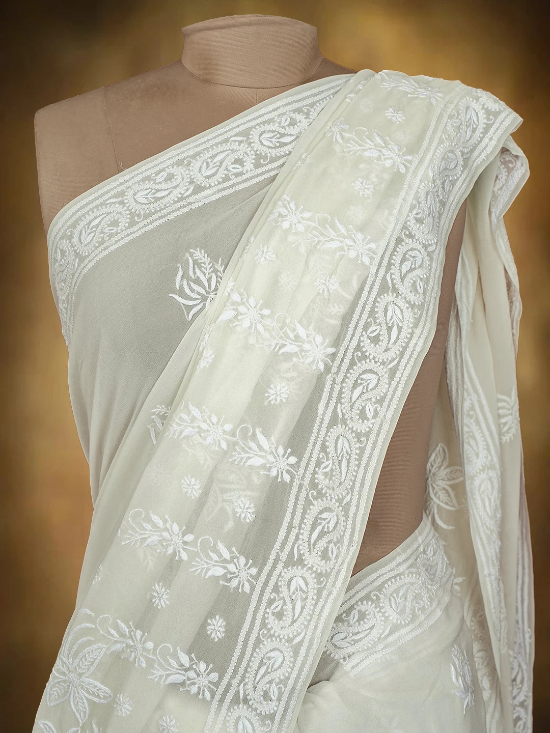 Ada Hand Embroidered White Pure Georgette Lucknowi Chikankari Saree and Blouse 01A729062