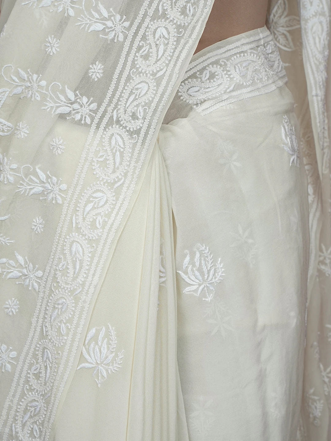 Ada Hand Embroidered White Pure Georgette Lucknowi Chikankari Saree and Blouse 01A729062