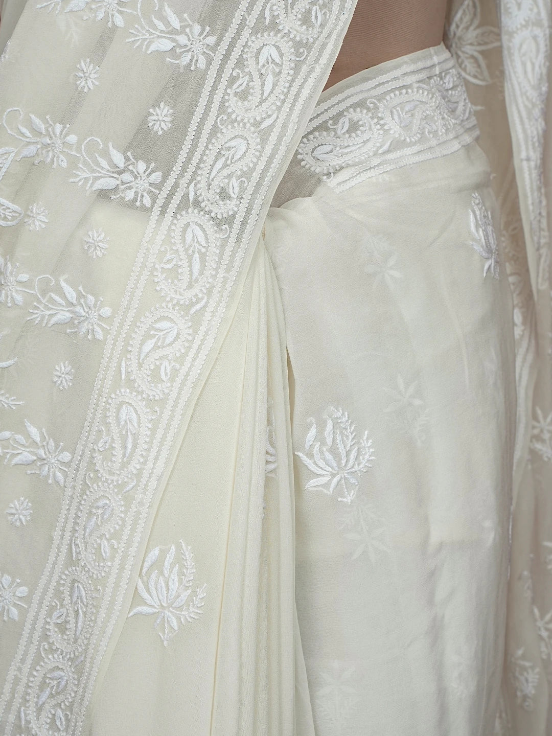 Ada Hand Embroidered White Pure Georgette Lucknowi Chikankari Saree and Blouse 01A729062