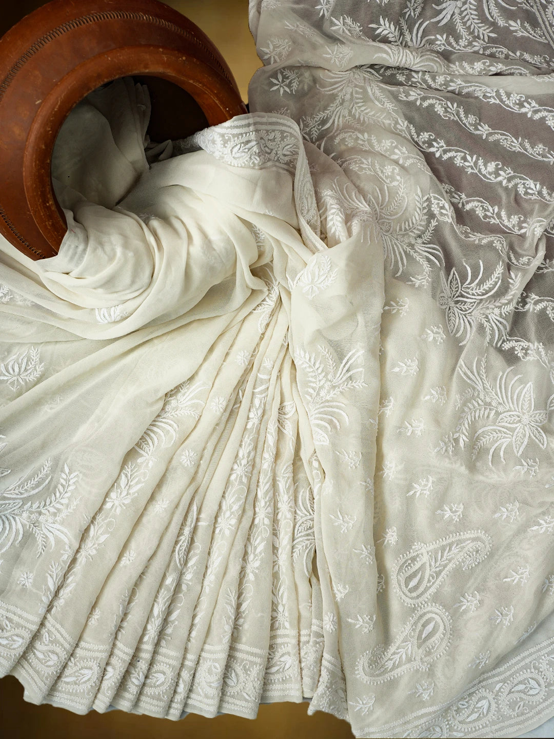 Ada Hand Embroidered White Pure Georgette Lucknowi Chikankari Saree and Blouse 01A729062