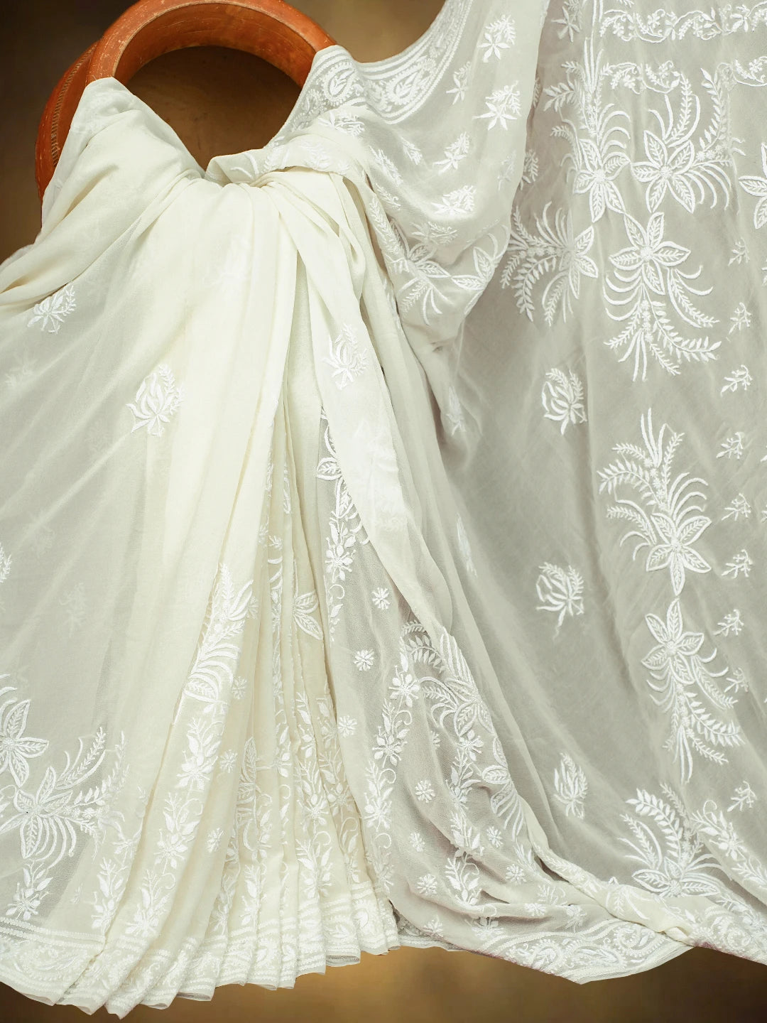 Ada Hand Embroidered White Pure Georgette Lucknowi Chikankari Saree and Blouse 01A729062