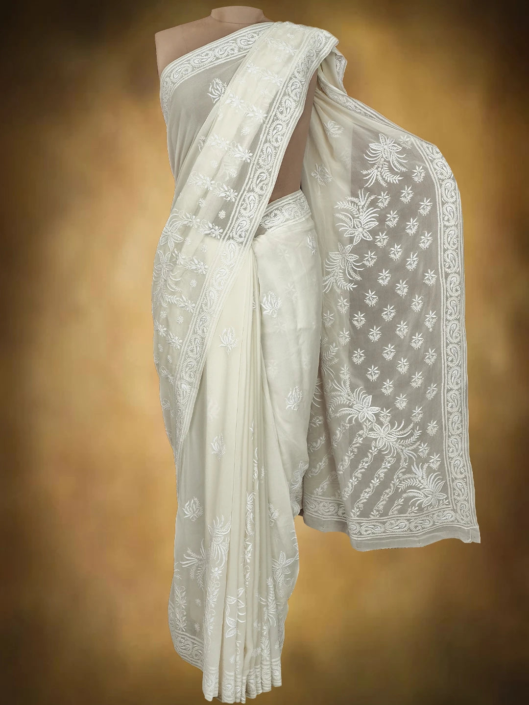 Ada Hand Embroidered White Pure Georgette Lucknowi Chikankari Saree and Blouse 01A729062