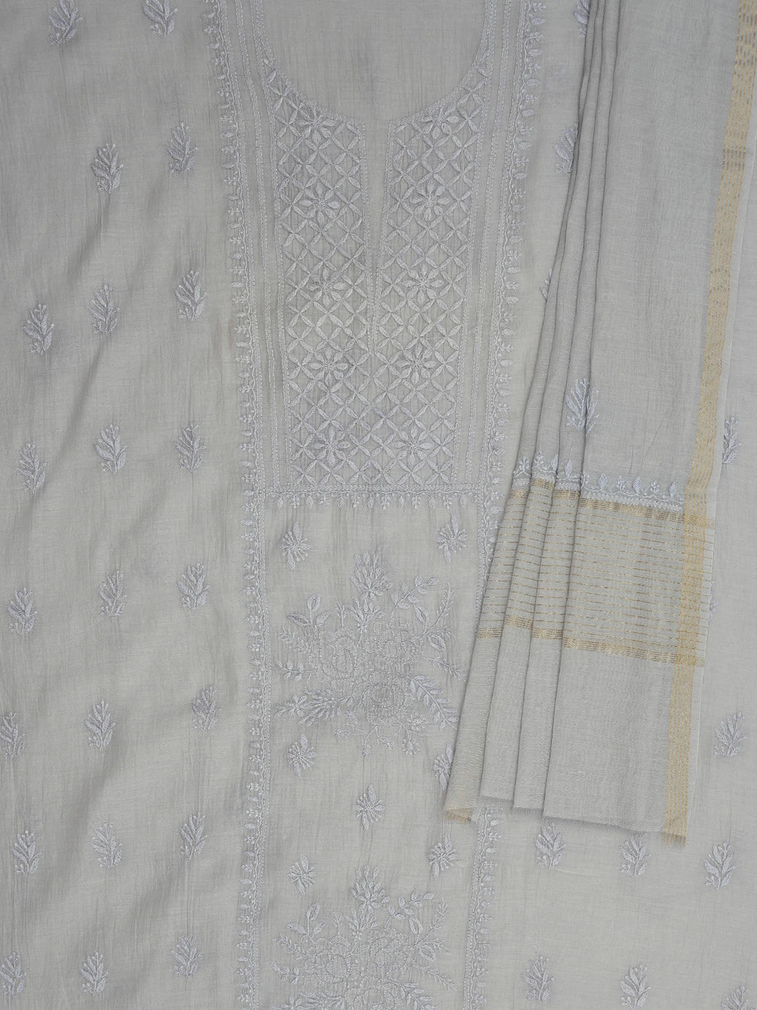 Ada Hand Embroidered Grey Chanderi Lucknowi Chikankari Unstitched Kurta Dupatta Set 01A710109