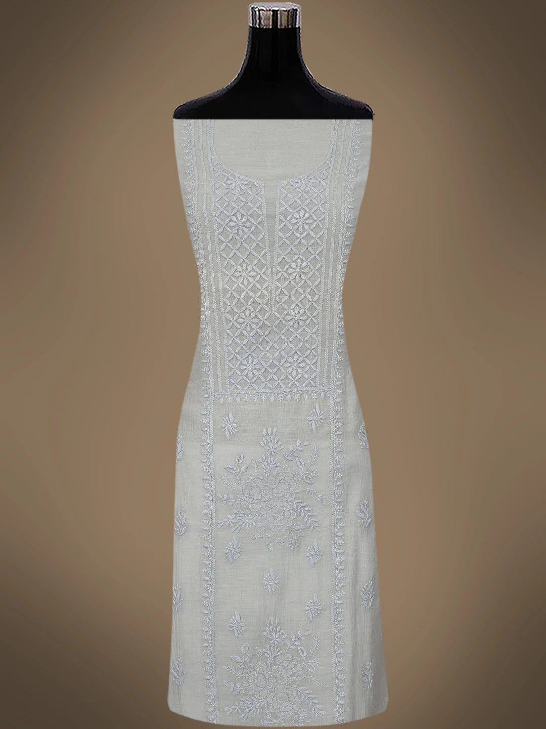 Ada Hand Embroidered Grey Chanderi Lucknowi Chikankari Unstitched Kurta Dupatta Set 01A710109