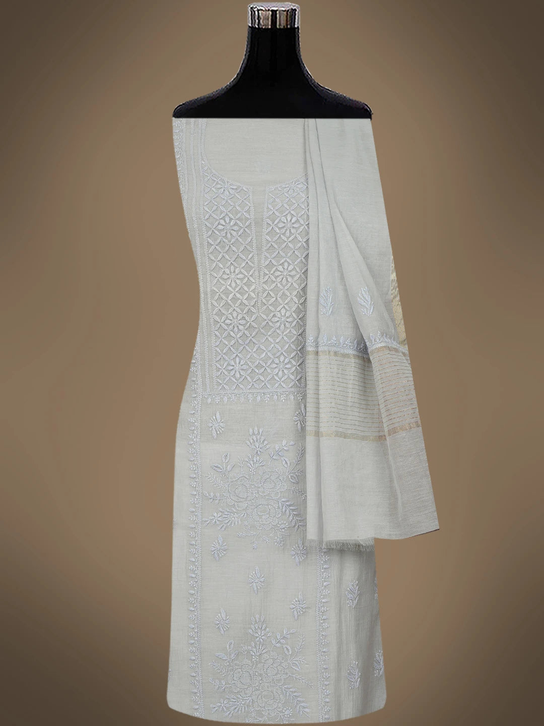Ada Hand Embroidered Grey Chanderi Lucknowi Chikankari Unstitched Kurta Dupatta Set 01A710109