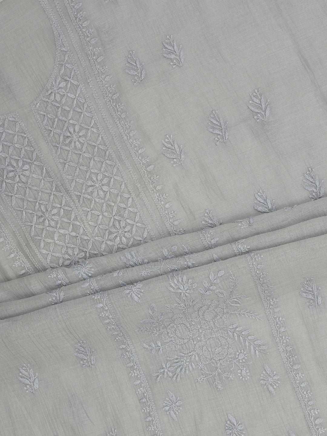 Ada Hand Embroidered Grey Chanderi Lucknowi Chikankari Unstitched Kurta Dupatta Set 01A710109