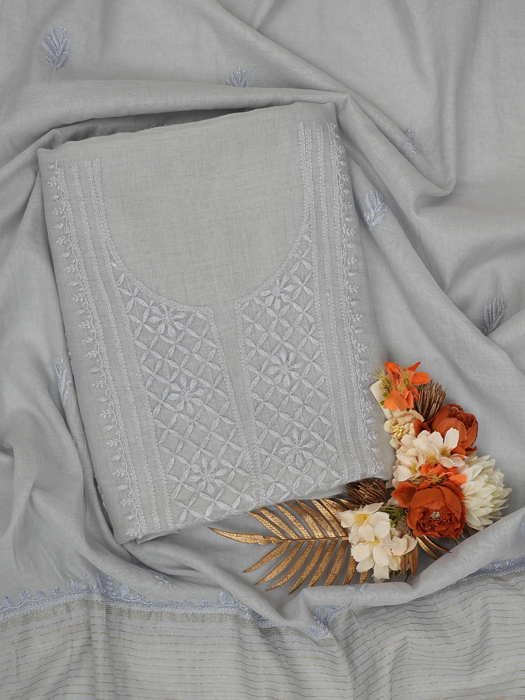 Ada Hand Embroidered Grey Chanderi Lucknowi Chikankari Unstitched Kurta Dupatta Set 01A710109