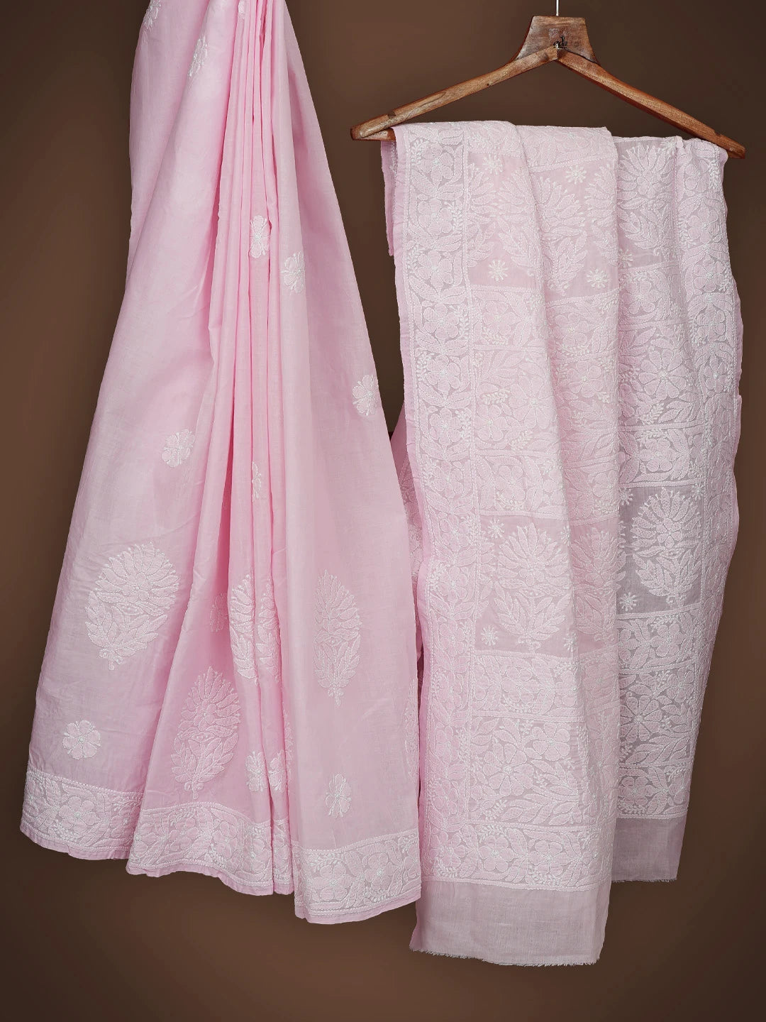 Ada Hand Embroidered Pink Cotton Lucknowi Chikankari Saree and Blouse 01A720671