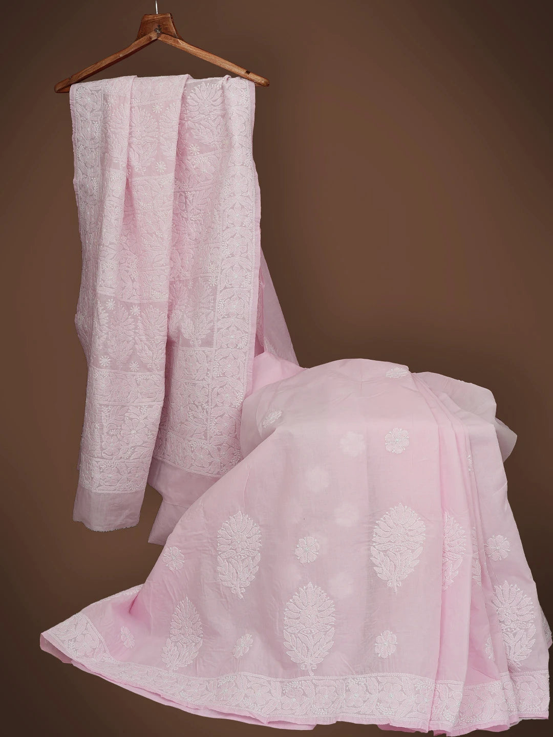 Ada Hand Embroidered Pink Cotton Lucknowi Chikankari Saree and Blouse 01A720671