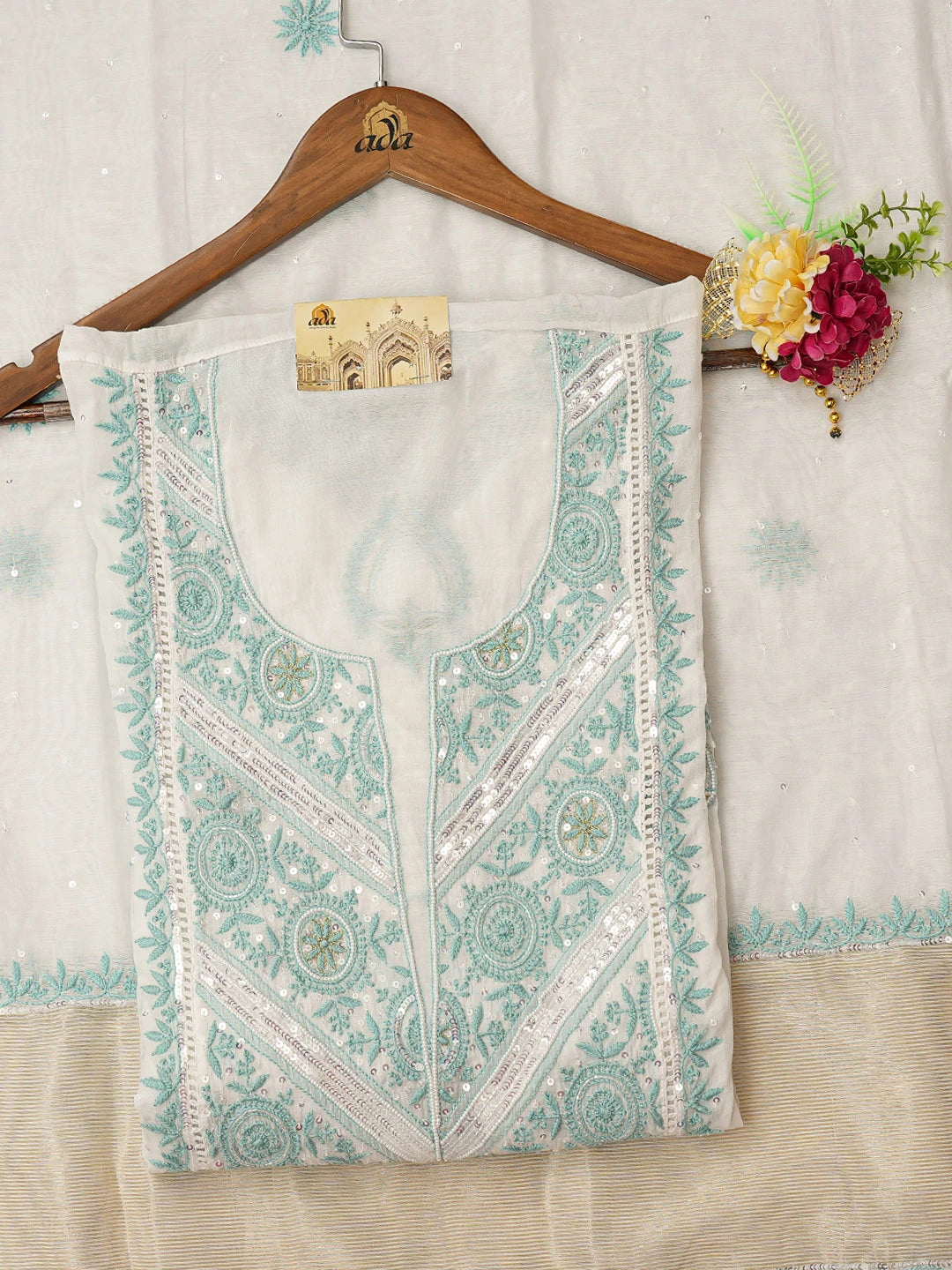 Ada Hand Embroidered White Chanderi Lucknowi Chikankari Semi-Stitched Kurta Dupatta Set With Pearl Work 01A709685