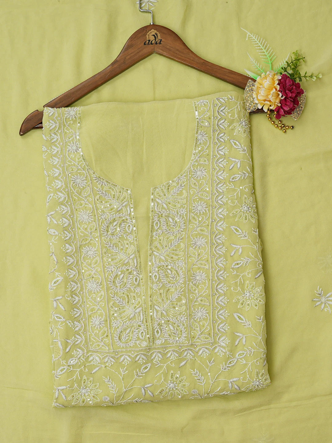 Ada Hand Embroidered Lime Green Viscose Georgette Lucknowi Chikankari Unstitched Kurta Dupatta Set With Sequinned Work 01A569101