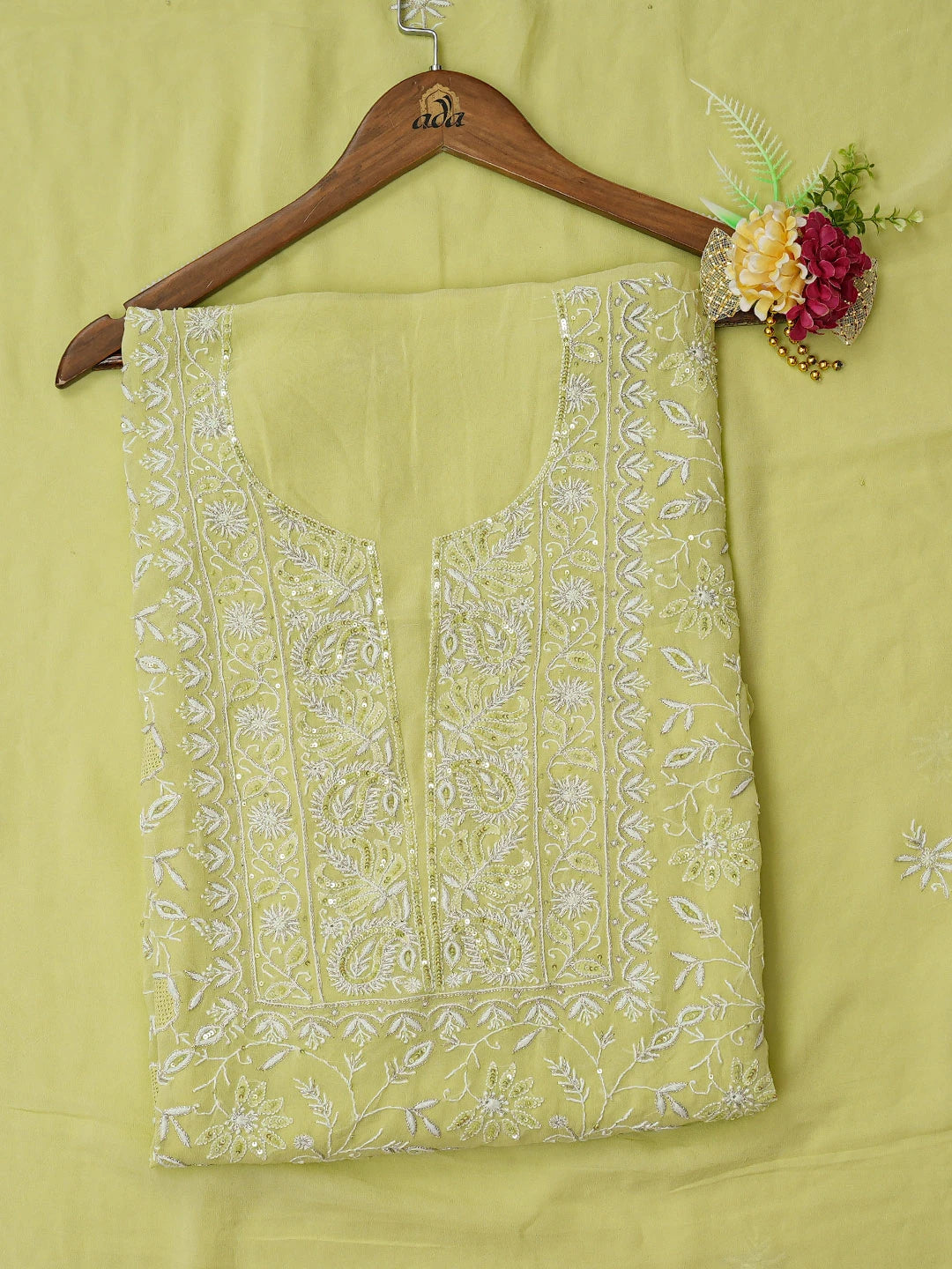 Ada Hand Embroidered Lime Green Viscose Georgette Lucknowi Chikankari Unstitched Kurta Dupatta Set With Sequinned Work 01A569101