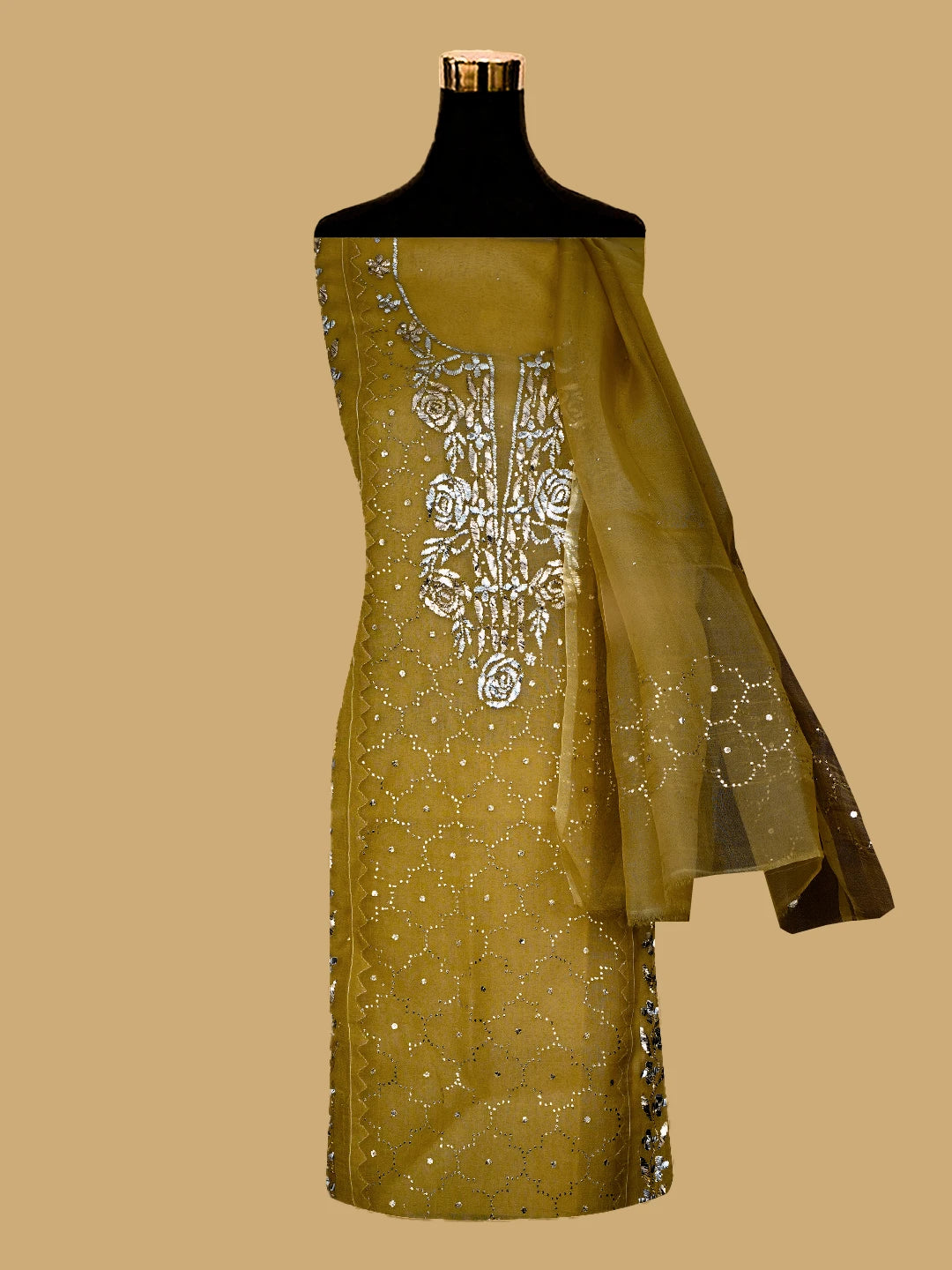 Ada Hand Embroidered Goldenrod Brown Organza Lucknowi Chikankari Semi-Stitched Kurta Dupatta Set With Mukaish Work 01A723563
