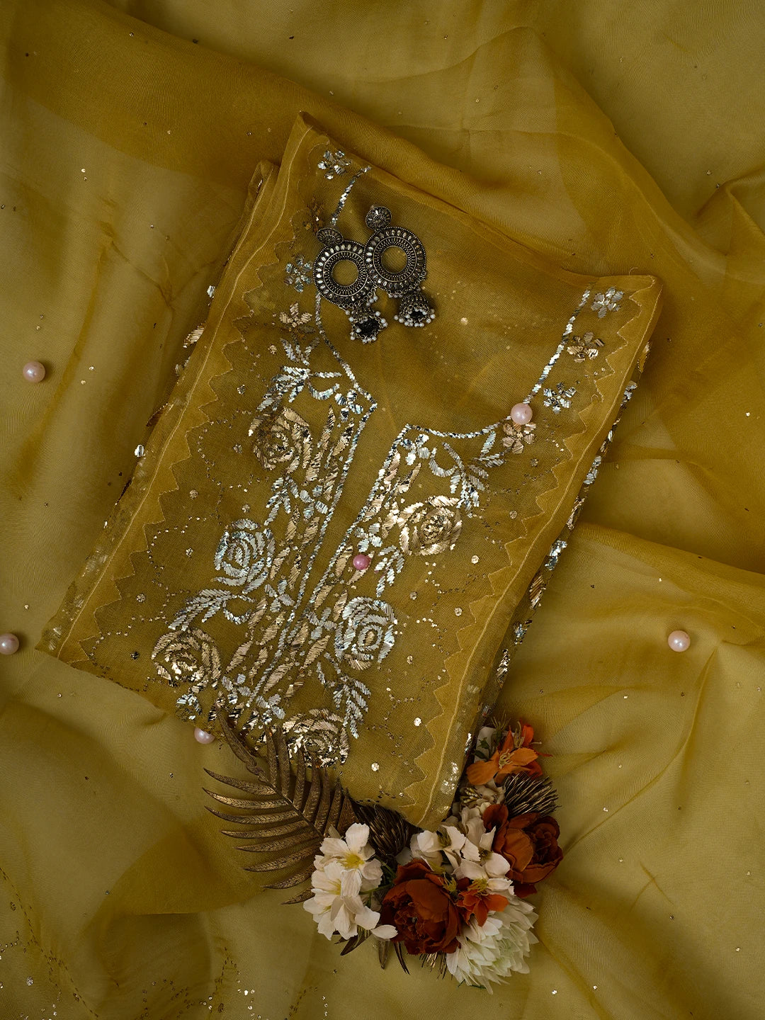 Ada Hand Embroidered Goldenrod Brown Organza Lucknowi Chikankari Semi-Stitched Kurta Dupatta Set With Mukaish Work 01A723563