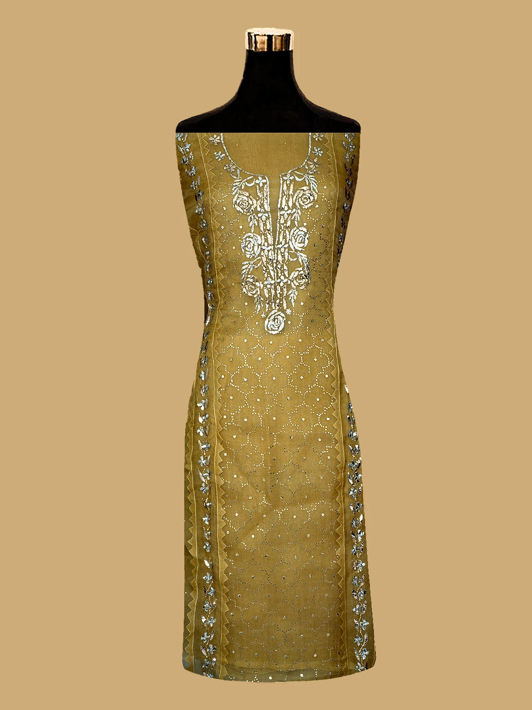 Ada Hand Embroidered Goldenrod Brown Organza Lucknowi Chikankari Semi-Stitched Kurta Dupatta Set With Mukaish Work 01A723563