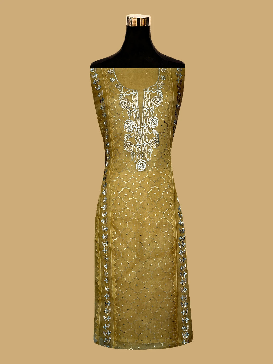 Ada Hand Embroidered Goldenrod Brown Organza Lucknowi Chikankari Semi-Stitched Kurta Dupatta Set With Mukaish Work 01A723563