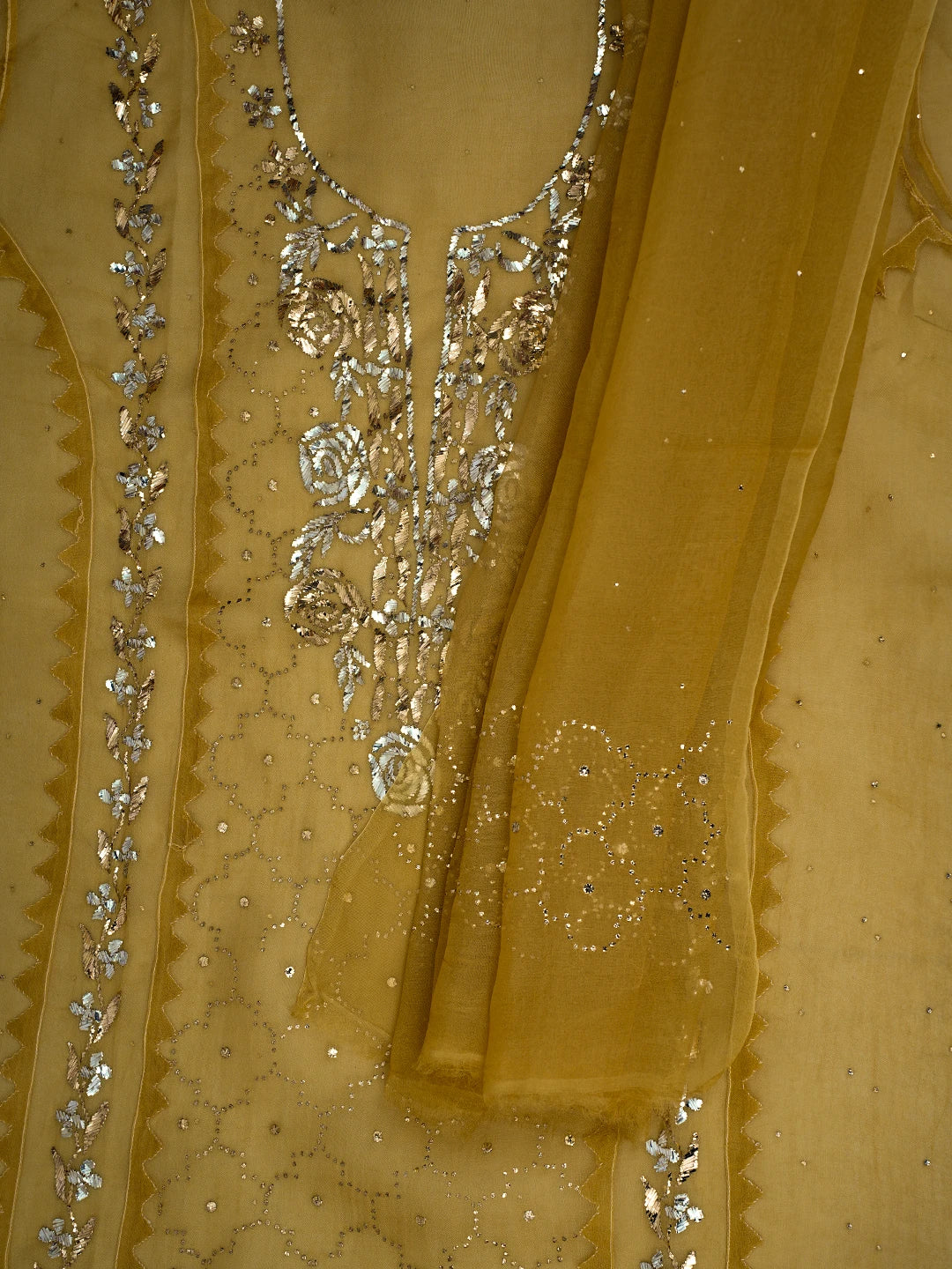 Ada Hand Embroidered Goldenrod Brown Organza Lucknowi Chikankari Semi-Stitched Kurta Dupatta Set With Mukaish Work 01A723563