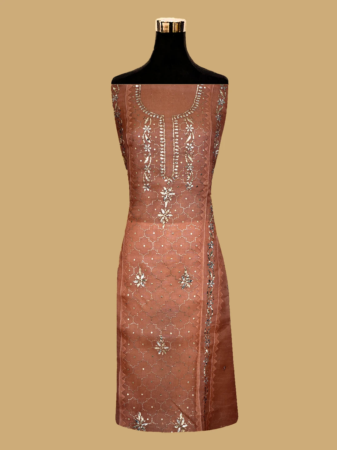 Ada Hand Embroidered Peach Organza Lucknowi Chikankari Semi-Stitched Kurta Dupatta Set With Mukaish Work 01A723565