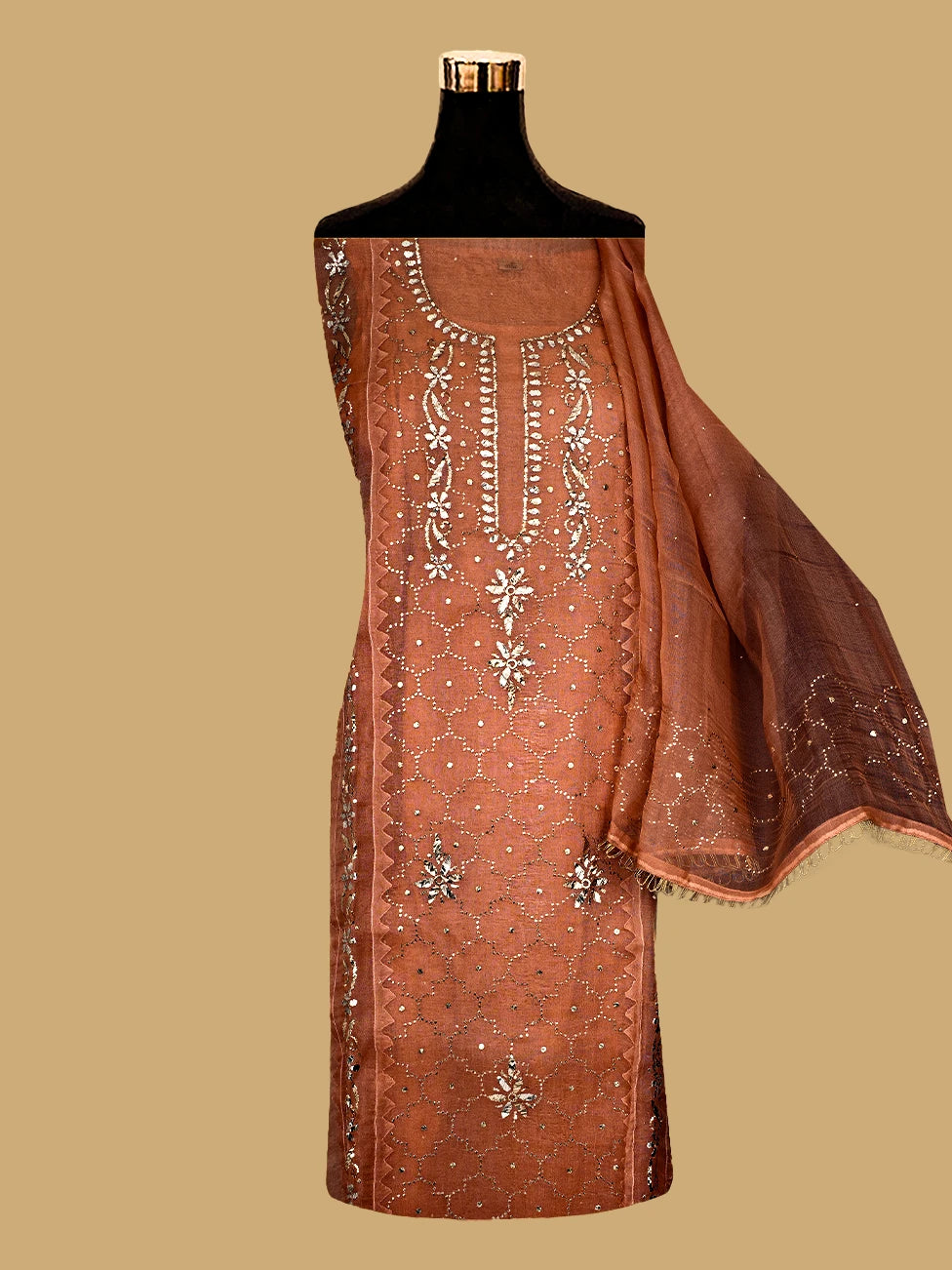 Ada Hand Embroidered Peach Organza Lucknowi Chikankari Semi-Stitched Kurta Dupatta Set With Mukaish Work 01A723565