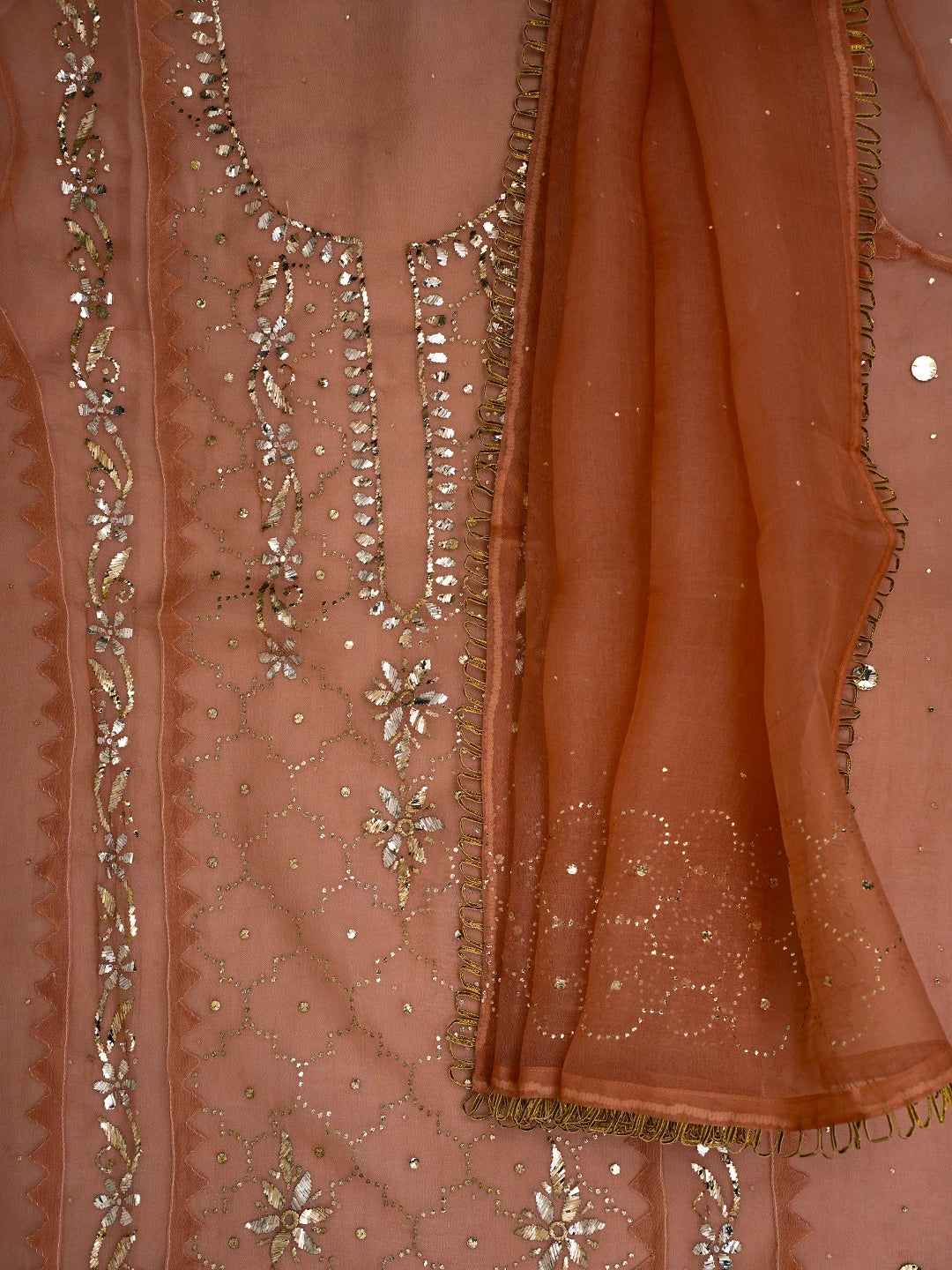 Ada Hand Embroidered Peach Organza Lucknowi Chikankari Semi-Stitched Kurta Dupatta Set With Mukaish Work 01A723565