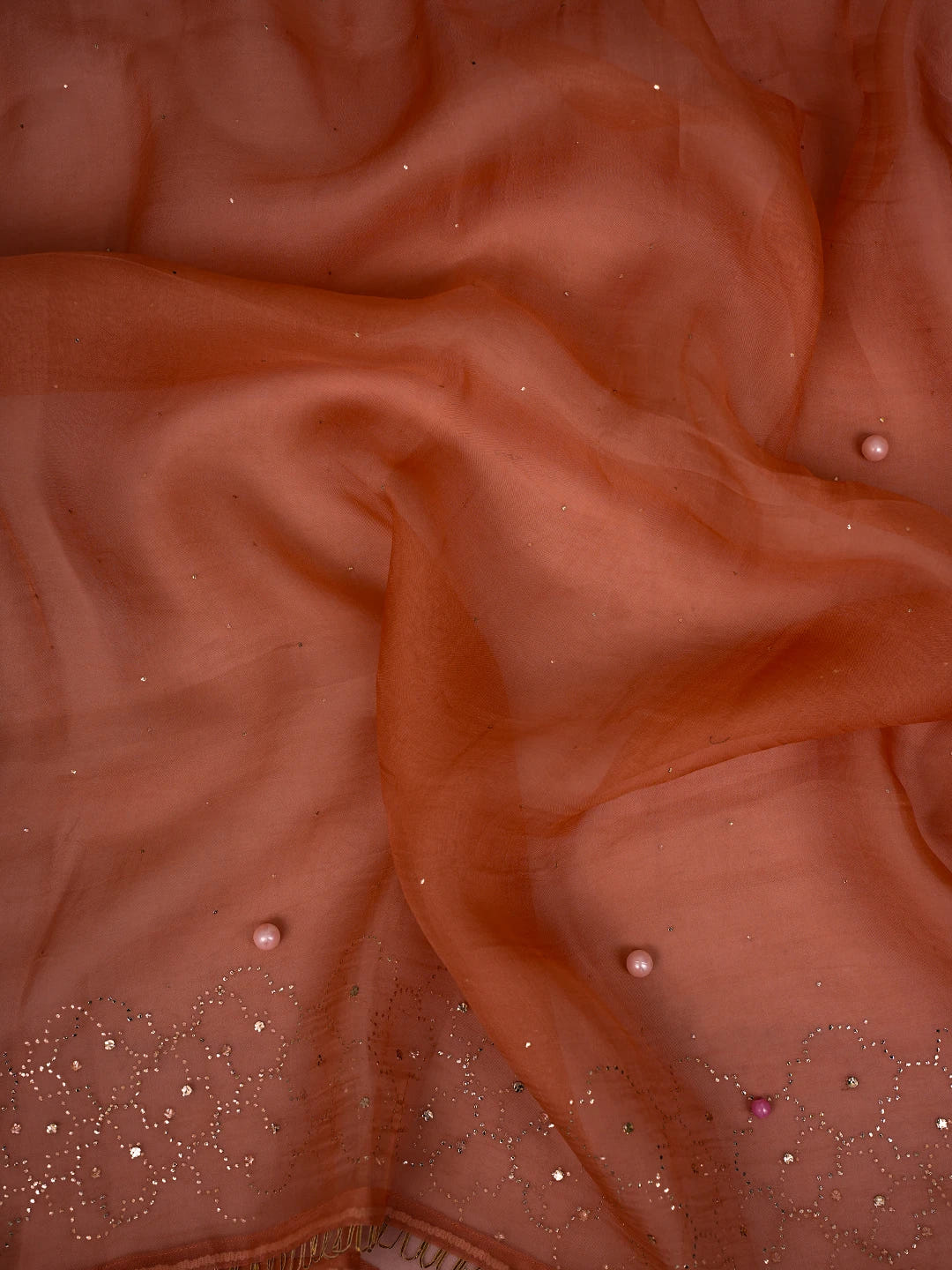 Ada Hand Embroidered Peach Organza Lucknowi Chikankari Semi-Stitched Kurta Dupatta Set With Mukaish Work 01A723565