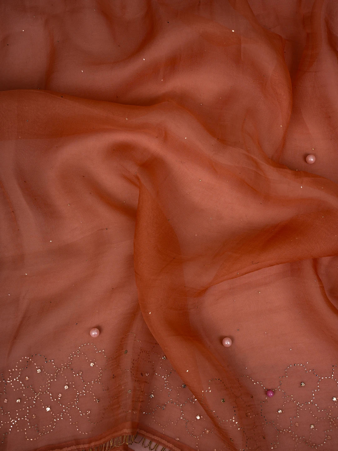 Ada Hand Embroidered Peach Organza Lucknowi Chikankari Semi-Stitched Kurta Dupatta Set With Mukaish Work 01A723565