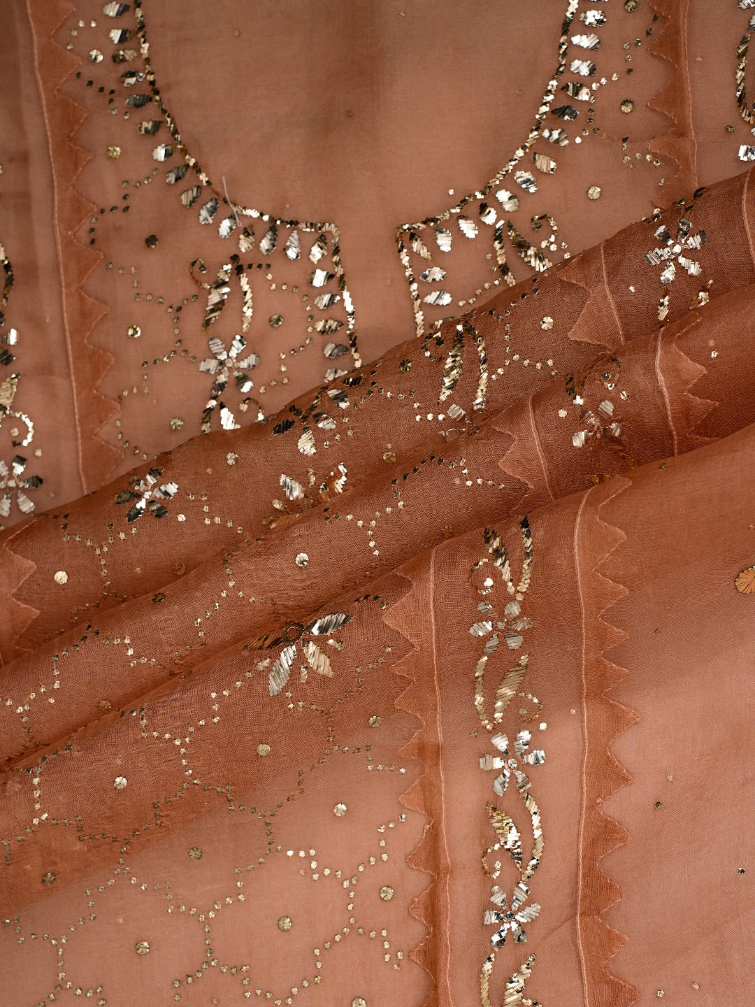 Ada Hand Embroidered Peach Organza Lucknowi Chikankari Semi-Stitched Kurta Dupatta Set With Mukaish Work 01A723565