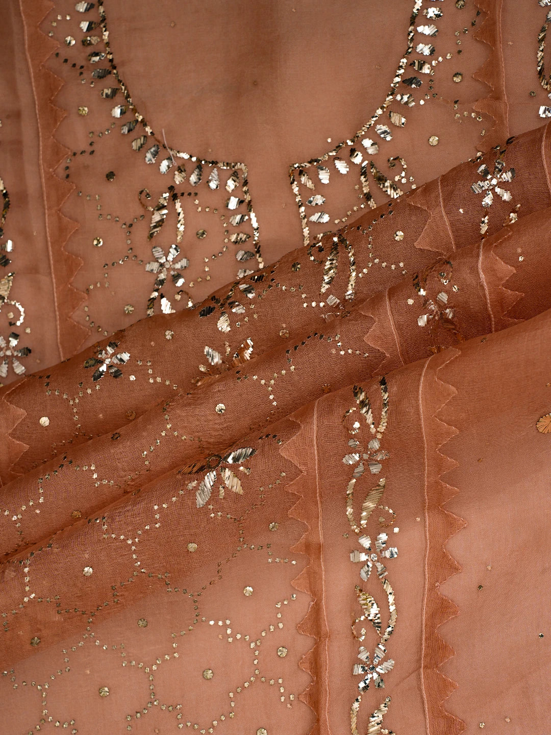 Ada Hand Embroidered Peach Organza Lucknowi Chikankari Semi-Stitched Kurta Dupatta Set With Mukaish Work 01A723565