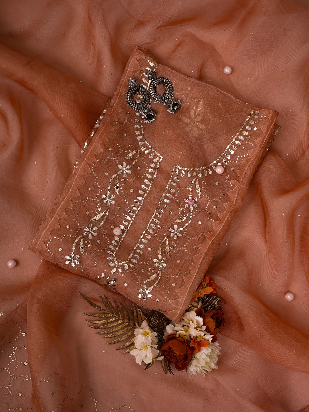 Ada Hand Embroidered Peach Organza Lucknowi Chikankari Semi-Stitched Kurta Dupatta Set With Mukaish Work 01A723565