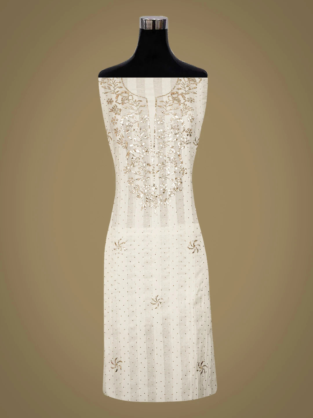 Ada Hand Embroidered White Chanderi Lucknowi Chikankari Unstitched Kurta Dupatta Set With Mukaish Work 01A702340