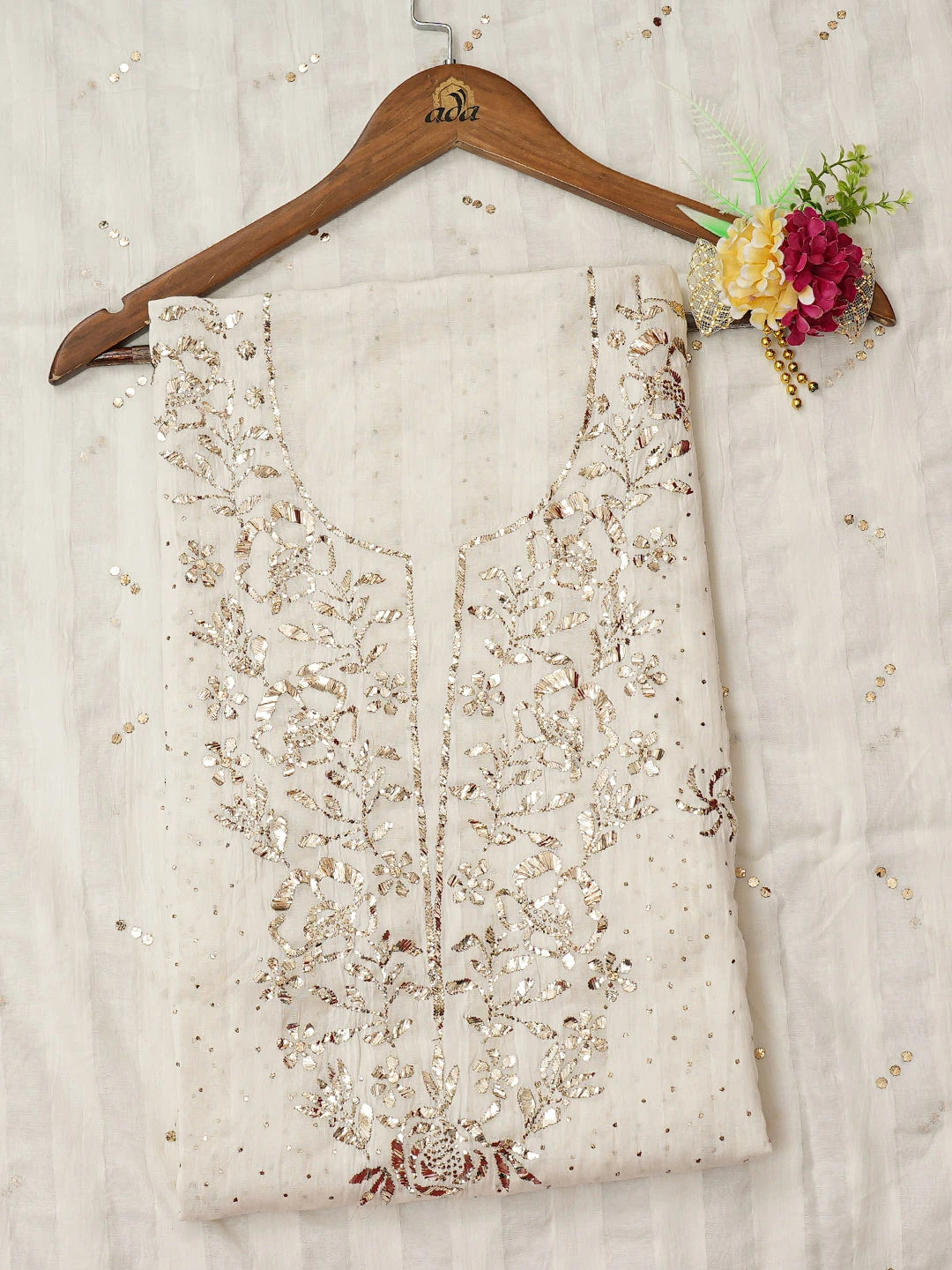 Ada Hand Embroidered White Chanderi Lucknowi Chikankari Unstitched Kurta Dupatta Set With Mukaish Work 01A702340
