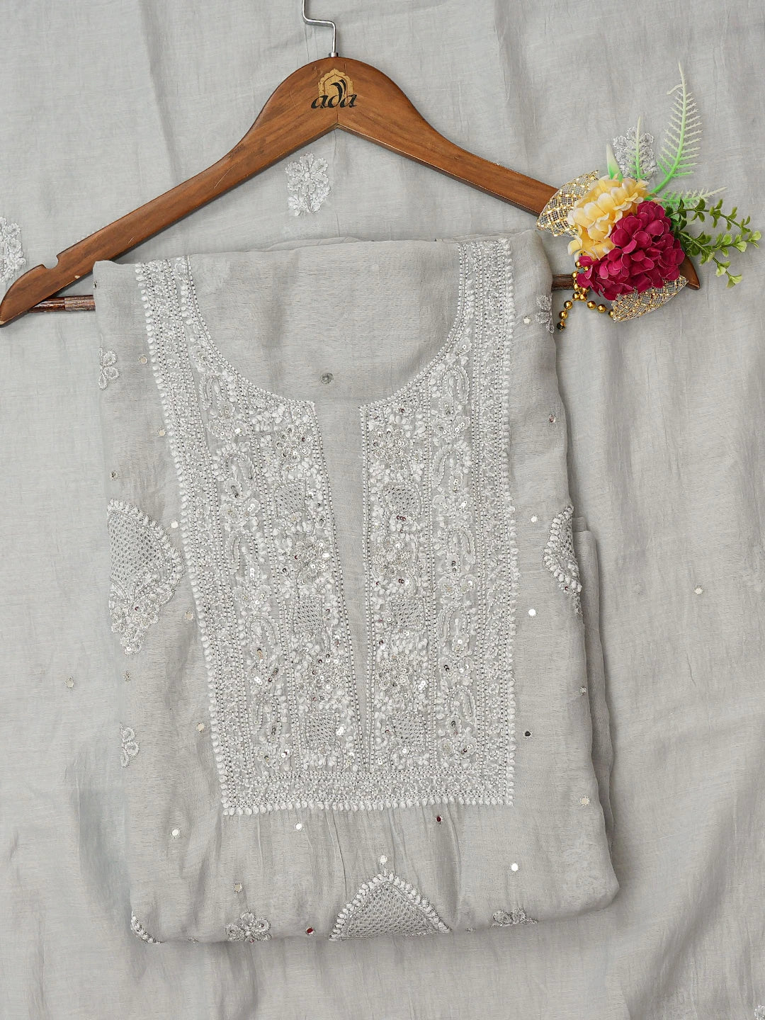 Ada Hand Embroidered Grey Chanderi Lucknowi Chikankari Unstitched Kurta Dupatta Set With Cutdana Work 01A708662