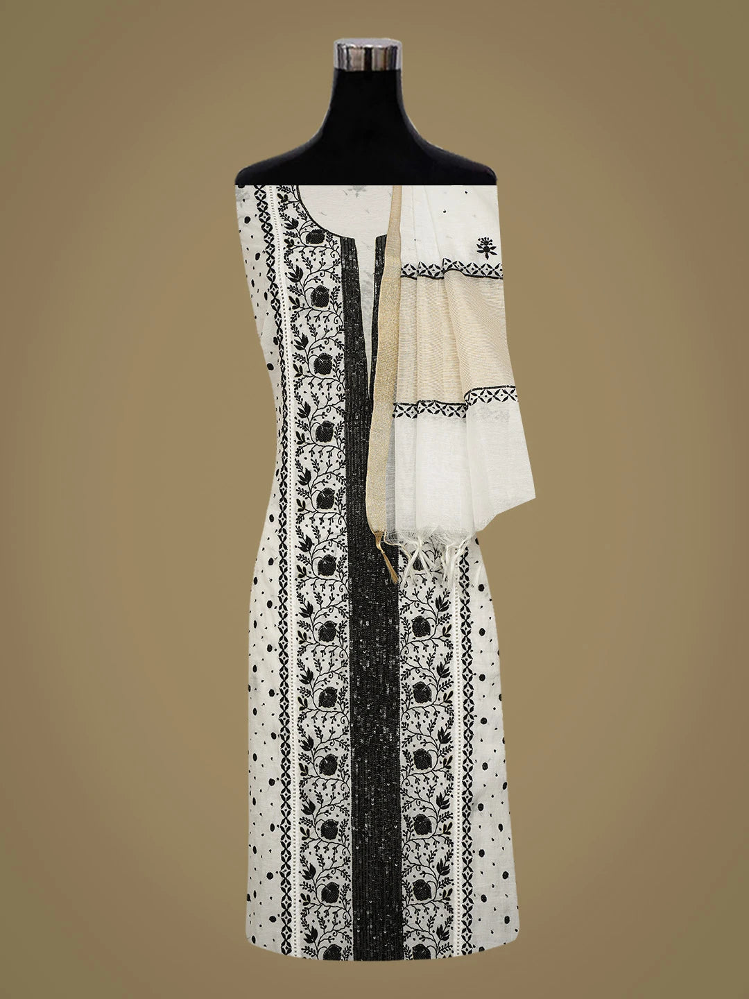 Ada Hand Embroidered White Chanderi Lucknowi Chikankari Semi-Stitched Kurta Dupatta Set With Cutdana Work 01A712660