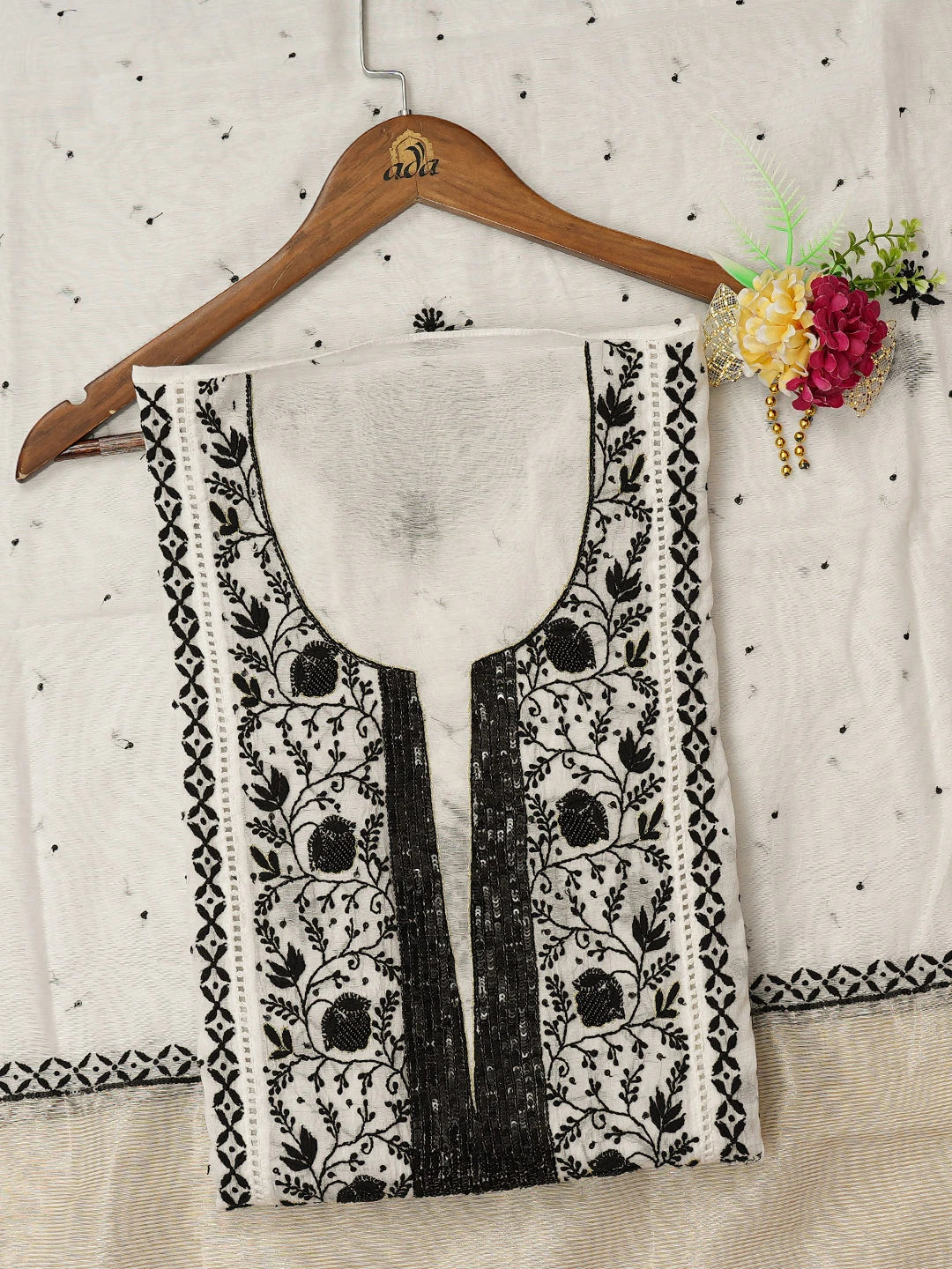 Ada Hand Embroidered White Chanderi Lucknowi Chikankari Semi-Stitched Kurta Dupatta Set With Cutdana Work 01A712660