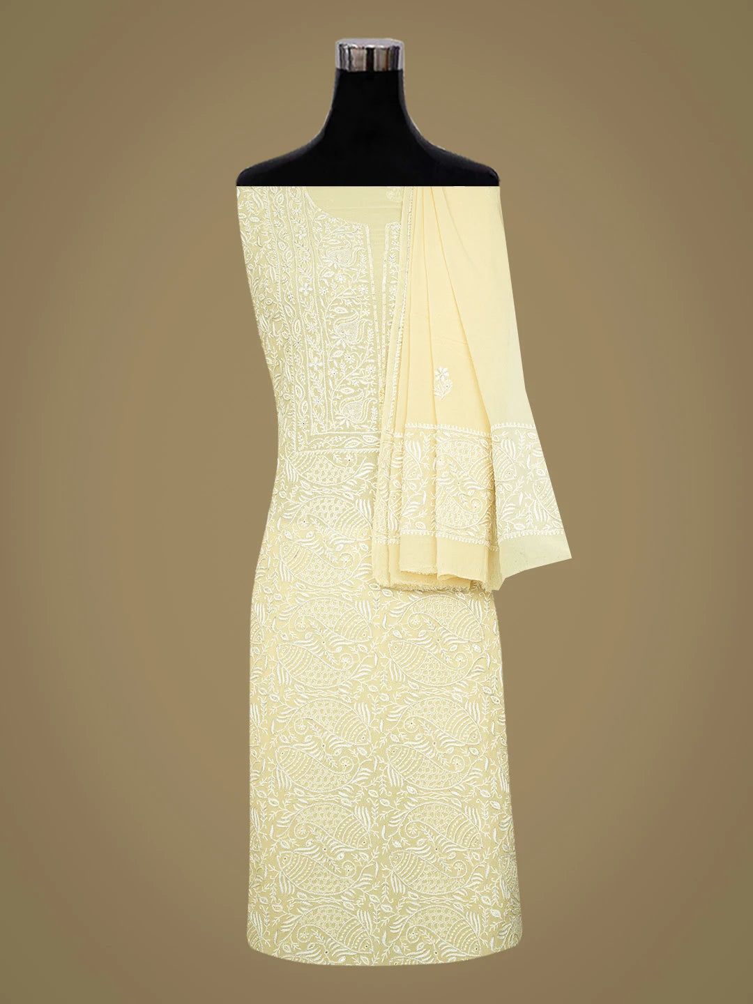 Ada Hand Embroidered Vanilla Yellow Pure Georgette Lucknowi Chikankari Unstitched Kurta Dupatta Set With Sequinned Work 01A682611