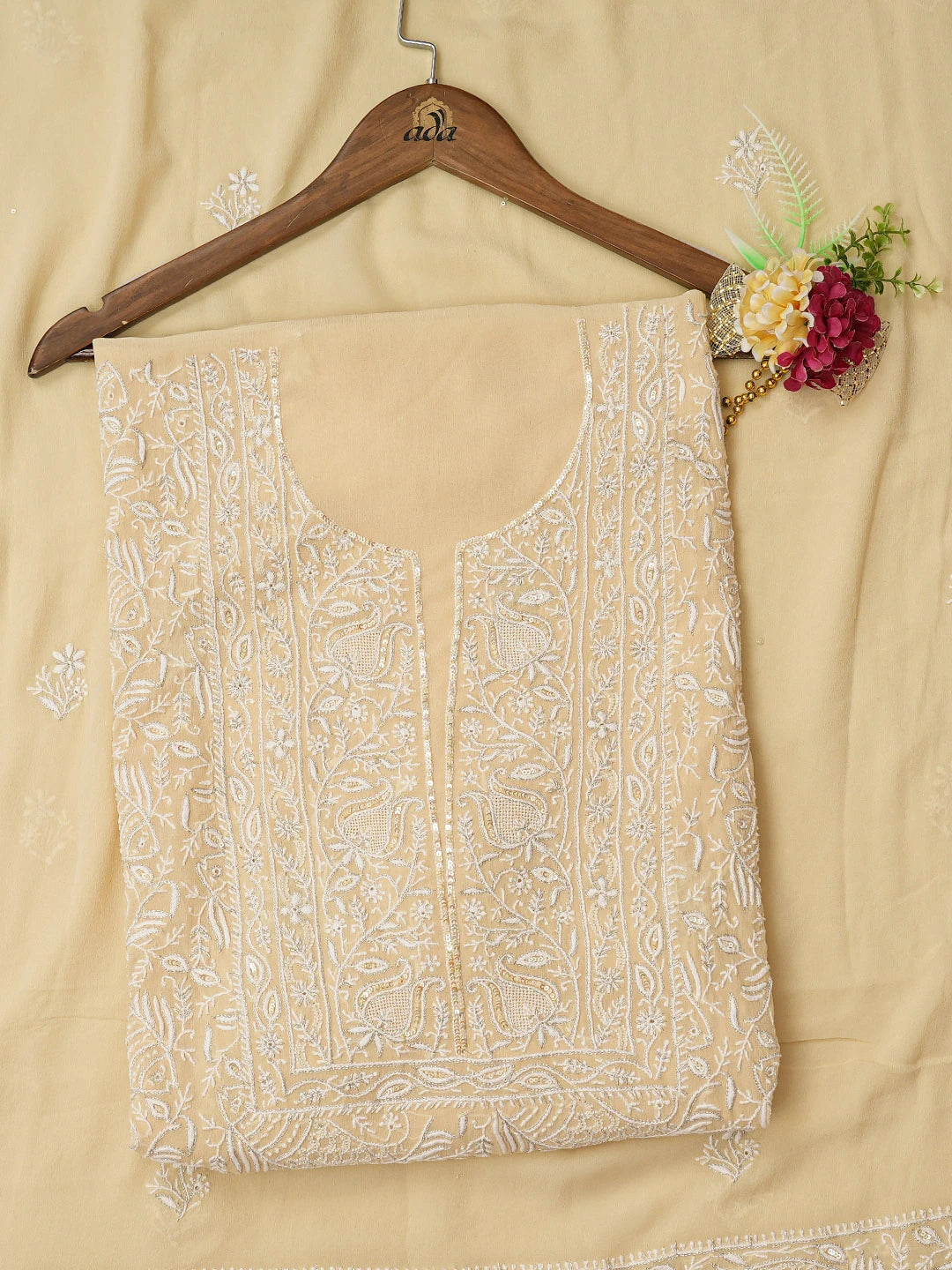 Ada Hand Embroidered Vanilla Yellow Pure Georgette Lucknowi Chikankari Unstitched Kurta Dupatta Set With Sequinned Work 01A682611