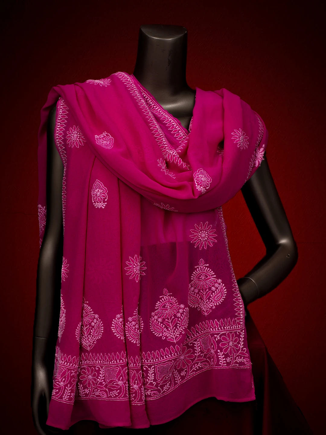 Ada Hand Embroidered Magenta Pure Georgette Lucknowi Chikankari Dupatta 01A665288